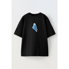 Nmg Tekstil Unisex Siyah Oversize Pamuk Mavi Kanarya Baskılı Örme T-Shirt