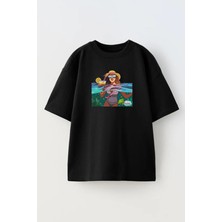 Nmg Tekstil Unisex Siyah Oversize Pamuk Tatilci Genç Kız Bikinili Baskılı Örme T-Shirt