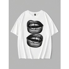 Seda Işıklar Unisex Kadın-Erkek Grillz Dudak Baskılı Oversize T-Shirt