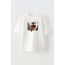 Nmg Tekstil Unisex Beyaz Oversize Pamuk Hide The Kiraz Dudak Baskılı Örme T-Shirt