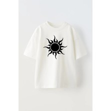 Nmg Tekstil Unisex Beyaz Oversize Pamuk Güneş Deseni Baskılı Örme T-Shirt