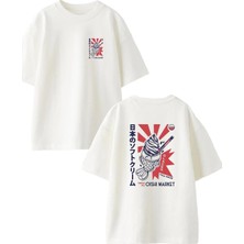 Nmg Tekstil Unisex Beyaz Oversize Pamuk Japon Dondurma Balık Ön Arka Baskılı Örme T-Shirt