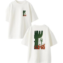 Nmg Tekstil Unisex Beyaz Oversize Pamuk Çilekli Kaktüs Ön Arka Baskılı Örme T-Shirt