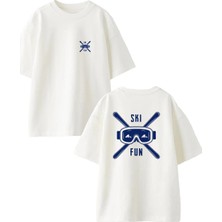 Nmg Tekstil Unisex Beyaz Oversize Pamuk Ski Fun Ön Arka Baskılı Örme T-Shirt