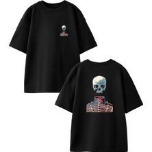 Nmg Tekstil Unisex Siyah Oversize Pamuk Boyunsuz Kurukafa Ön Arka Baskılı Örme T-Shirt