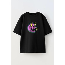 Nmg Tekstil Unisex Siyah Oversize Pamuk Pembe Kurukafa Şimşek Baskılı Örme T-Shirt