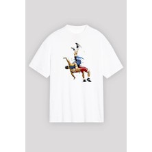 Zokawear Unisex Bol Kalıp Güreş Baskılı Beyaz Tişört - Tshirt