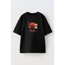 Nmg Tekstil Unisex Siyah Oversize Pamuk Japonya Tokyo Ev Baskılı Örme T-Shirt