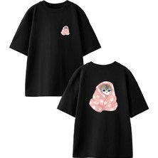 Nmg Tekstil Unisex Siyah Oversize Pamuk Battaniye Sarılmış Kedi Ön Arka Baskılı Örme T-Shirt
