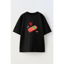 Nmg Tekstil Unisex Siyah Oversize Pamuk Pembe 3310 Baskılı Örme T-Shirt