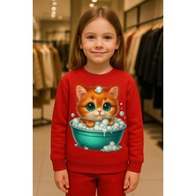 Playwear Duş Alan Kedi Desenli Sweatshirt Takımı 3-4-5-6-7-8-9-10-11-12 Yaş
