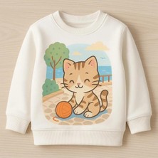 Moda Bisiklet Yaka Şardonlu Siyah Unisex Çocuk Sweatshirt Kedi Topaç Baskılı 3 4 5 6 7 8 9 10 11 12 Yaş
