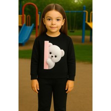 Playwear Sweatshirt Eşofman Takımı Pembe Direkte Saklanan Ayıcık Desenli 3-4-5-6-7-8-9-10-11-12 Yaş