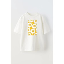 Nmg Tekstil Unisex Beyaz Oversize Pamuk Güneşli Papatya Baskılı Örme T-Shirt