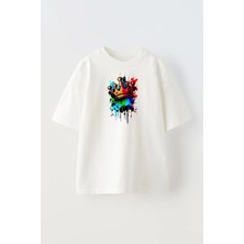 Nmg Tekstil Unisex Beyaz Oversize Pamuk Renkli Boya Taç Baskılı Örme T-Shirt