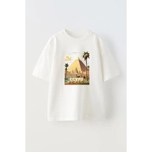 Nmg Tekstil Unisex Beyaz Oversize Pamuk Mısır Piramit Baskılı Örme T-Shirt