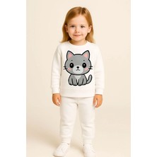 Moda Kışlık Kız Erkek Çocuk Eşofman Takımı Beyaz Takım Kedi Baskı3 4 5 6 7 8 9 10 11 12 Yaş Unisex
