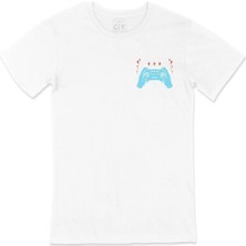 Cix Turkuaz Joystick Cep Logo Tasarımlı Beyaz Tişört