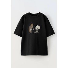 Nmg Tekstil Unisex Siyah Oversize Pamuk Kedi Kurukafa Baskılı Örme T-Shirt