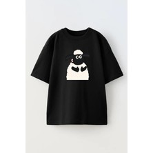 Nmg Tekstil Unisex Siyah Oversize Pamuk Kuzu Çizgi Karakter Baskılı Örme T-Shirt