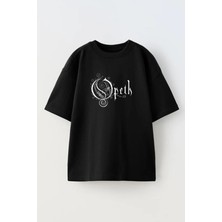 Nmg Tekstil Unisex Siyah Oversize Pamuk Opeth Yazı Baskılı Örme T-Shirt