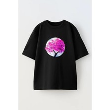 Nmg Tekstil Unisex Siyah Oversize Pamuk Pembe Yapraklı Dolunay Baskılı Örme T-Shirt