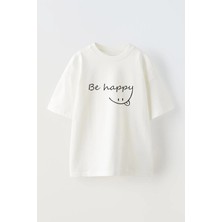 Nmg Tekstil Unisex Beyaz Oversize Pamuk Be Happy Baskılı Örme T-Shirt