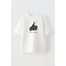 Nmg Tekstil Unisex Beyaz Oversize Pamuk Still Alive Baskılı Örme T-Shirt