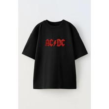 Nmg Tekstil Unisex Siyah Oversize Pamuk Kırmızı Acdc Baskılı Örme T-Shirt