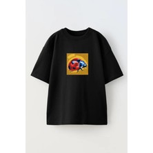 Nmg Tekstil Unisex Siyah Oversize Pamuk Uğurböceği Fotoğraf Baskılı Örme T-Shirt