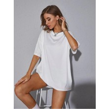 Butik Kadın Unisex Uzun Pamuk Bisiklet Yaka Beyaz Boyfriend Oversize T-Shirt Basic %100 Pamuk