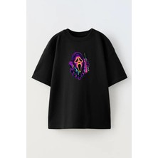 Nmg Tekstil Unisex Siyah Oversize Pamuk Renkli Çığlık Maske Baskılı Örme T-Shirt
