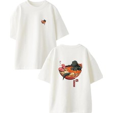 Nmg Tekstil Unisex Beyaz Oversize Pamuk Timsah Japon Yemek Ön Arka Baskılı Örme T-Shirt