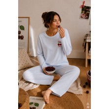 Koza İç Giyim Kadın Pamuklu Uzun Kollu Kiraz Baskılı Çizgili Pijama Takımı