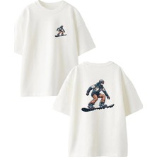 Nmg Tekstil Unisex Beyaz Oversize Pamuk Snowboard Genç Ön Arka Baskılı Örme T-Shirt