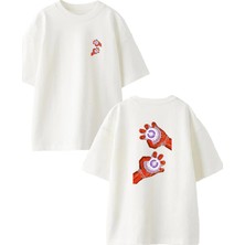 Nmg Tekstil Unisex Beyaz Oversize Pamuk Pörtlek Göz Kırmızı Ön Arka Baskılı Örme T-Shirt