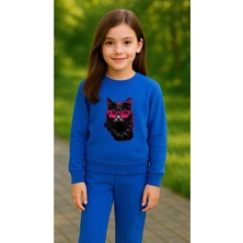 Playwear Takım Sweatshirt Pembe G Kedi Baskılı Kız Erkek Çocuk Bisiklet Yaka3 4-5-6-7-8-9-10-11-12YAŞ