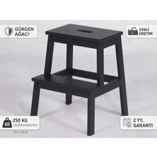 Bodur Masif Gürgen Ahşap Basamaklı Tabure Merdiven Siyah