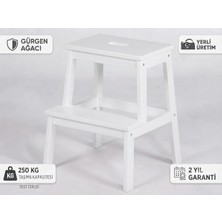 Bodur Masif Gürgen Ahşap Basamaklı Tabure Merdiven Beyaz
