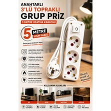 Anahtarlı 3lü Topraklı Grup Priz - 5 Metre - Amiral