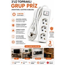 Anahtarlı 3lü Topraklı Grup Priz - 3 Metre - Makrotech M331