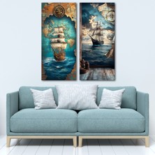 Tilki Dünyası 2'li Nostaljik Gemi ve Harita Temalı Kanvas Tablo Seti - Klasik Denizci Duvar Dekoru - 2X(30X70 Cm)