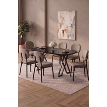 Asaella Mobilya Hooli 90X168 Siyah Mdf Masa, Metal x Ayak, Metal Sandalye, 6 Kişilik Mutfak Masası Takımı ve Yemek Masası Takımı