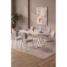 Asaella Mobilya Hooli 90X168 Beyaz Mdf Masa, Metal x Ayak, Metal Sandalye, 6 Kişilik Mutfak Masası Takımı ve Yemek Masası Takımı