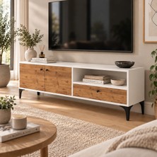 Alfimo Mobilya Nova 165 cm Tv Sehpası / 2 Kapaklı Çekmeceli Tv Ünitesi / Beyaz - Atlantik Çam