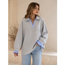 Afri Gri Kadın Oversize Gömlek Yaka Sweatshirt – Çizgili Poplin Detaylı Rahat Kesim Uzun Kollu Sweat