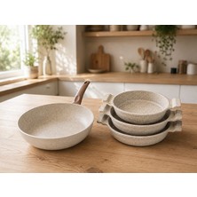 Lavonni Terra Wok Set 4 Parça Döküm Granit Sahan ve Wok Tava Seti 18-20-22 cm Sahan 28 cm Wok Tava Cappuccino