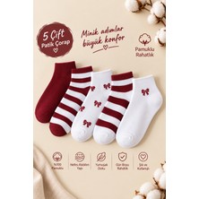 Hitit Socks Kadın 5 Çift Çizgi ve Fiyonk Desenli Pamuklu Patik Çorap Bordo Beyaz
