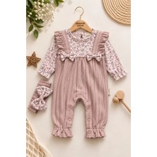 Dinamik çocuk Kız Bebek Çiçekli Fırfırlı Salopet Görünümlü Tek Parça Tulum + Bandanalı Fiyonklu 0-12 Aylık