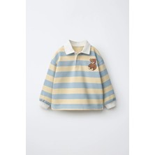 Magu Çocuk Pamuklu Ayıcık Nakışlı Mavi Çizgili Polo Yaka Sweatshirt